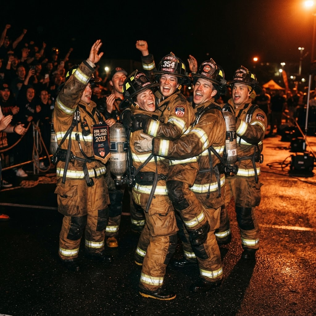 Feuerwehr-Athleten feiern gemeinsam nach einem Wettkampf