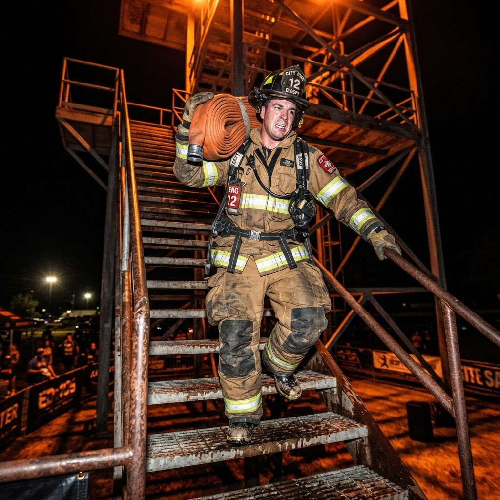 Feuerwehrmann trägt ein Schlauchpaket den Übungsturm hinauf