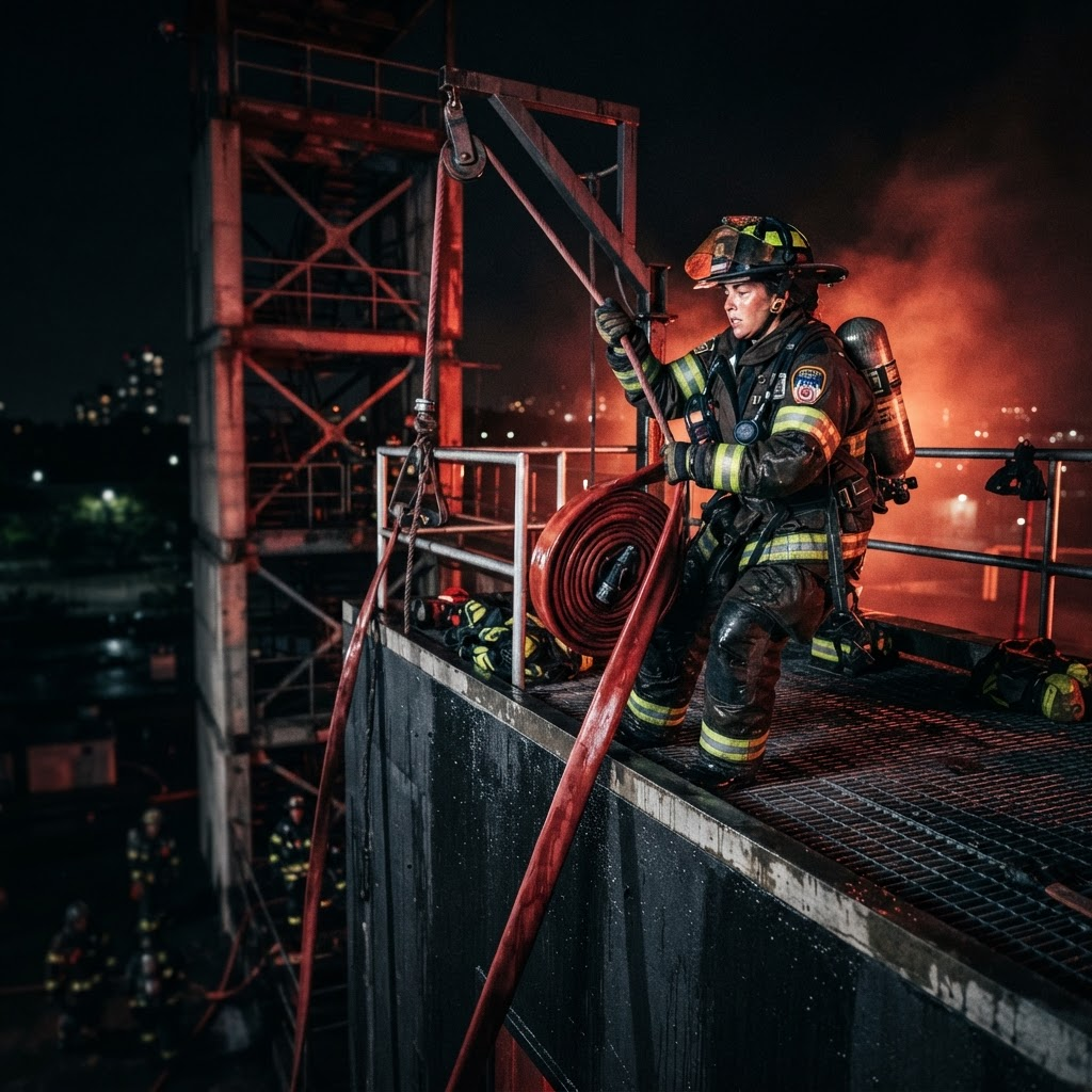 Feuerwehrmann zieht einen Schlauch an der Leine in den Turm