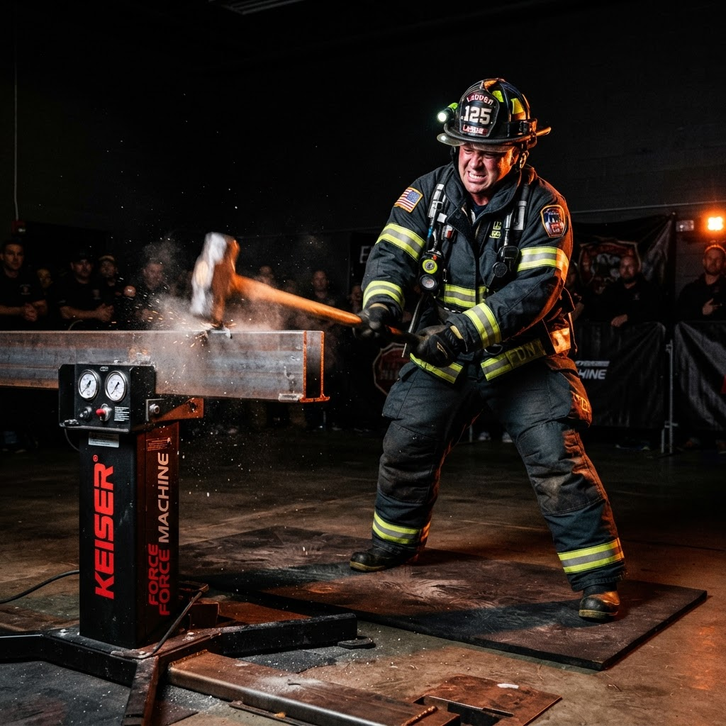 Feuerwehrmann schlägt mit dem Vorschlaghammer auf die Kraftmaschine