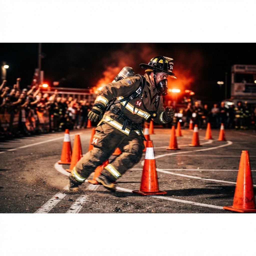 Feuerwehrmann sprintet durch einen Pylonen-Slalom