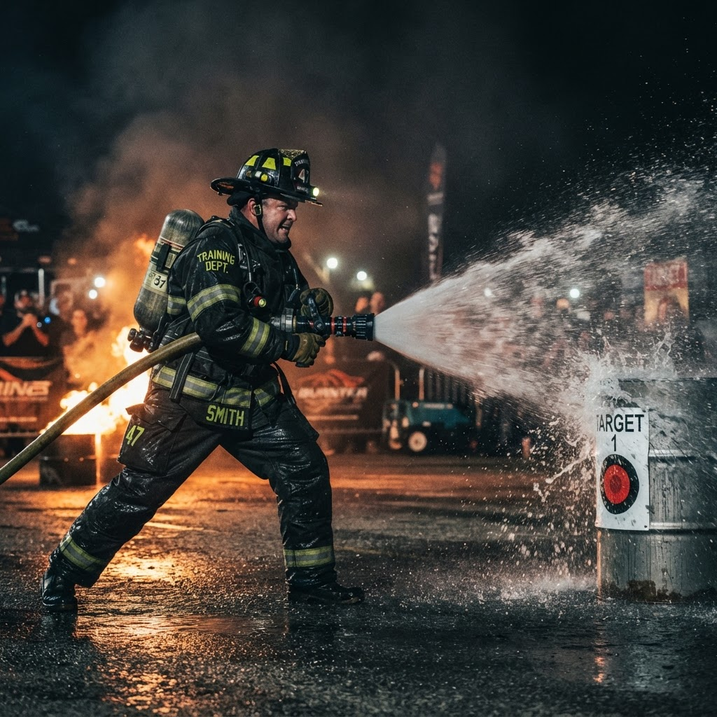Feuerwehrmann trifft mit dem Wasserstrahl ein Ziel